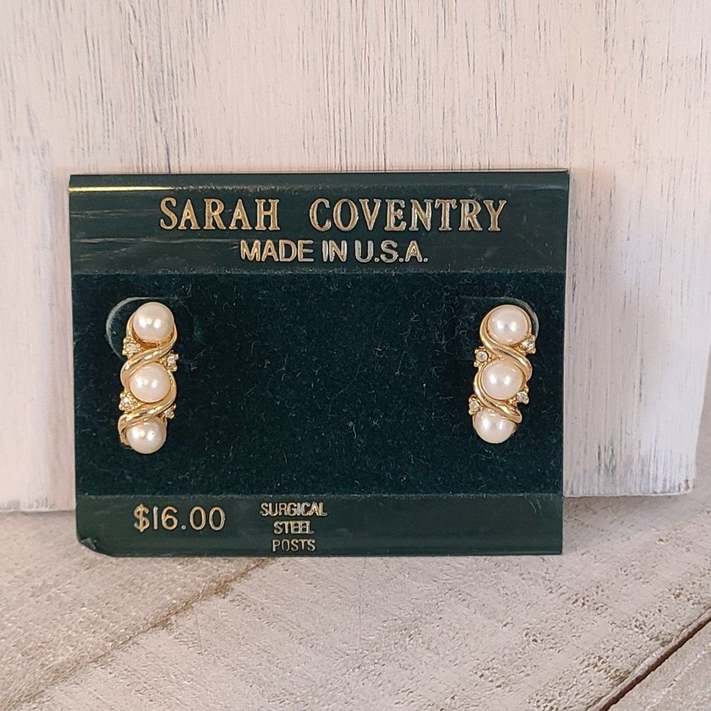 Vintage Sarah Coventry Earrings New Old Stock Faux Pearl Rhinestone Gold Tone